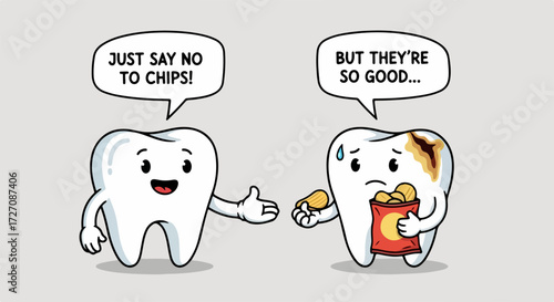 Just say no to chips concept, featuring a healthy tooth advising another to avoid snack chips. The healthy tooth promotes oral care, while the unhealthy tooth is tempted, a cautionary tale,