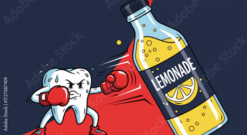 Lemonade attacking tooth in an illustration. Cartoon lemonade versus tooth decay illustration showing health risk from sugar drinks, and dental hygiene needs.