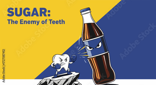 Sugar enemy of teeth concept: Sugar enemy of teeth is depicted with tooth as boxer and soda bottle as rival on colorful background.