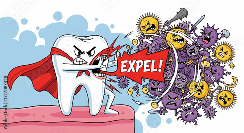 Cartoon tooth expelling bad bacteria with powerful force, cartoon tooth preventing dental problems. Healthy cartoon tooth acting as shield against infection.