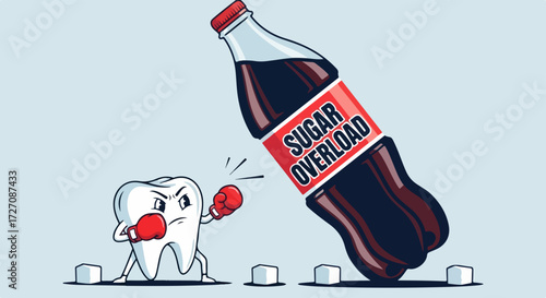 Unhealthy tooth versus soda bottle representing Sugar Overload. Unhealthy tooth about to fight against bottle with words sugar overload,