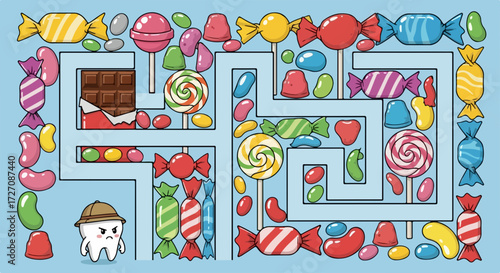 Candy maze with cartoon tooth character, a playful puzzle. Entertaining candy maze features various sweets like lollipops and jelly beans, creating challenging path. Enjoy solving candy maze,