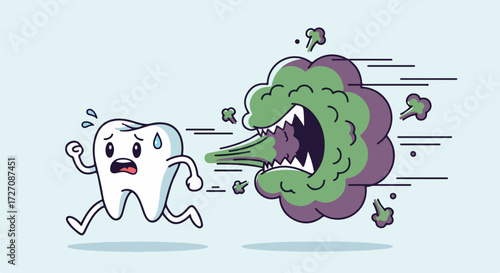 Tooth decay concept illustration featuring frightened tooth running from a cloud of bad breath. This tooth decay illustration vividly depicts dental problems,