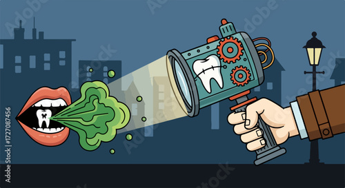 Bad breath coming from open mouth with teeth shown clearly in a quirky illustration, bad breath as green gas cloud passing into machine for analysis.