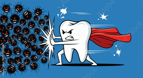 Tooth protection fighting against germs and bacteria, illustration of superhero tooth in action. Concept tooth protection, superhero tooth defends against illness and maintains oral health,