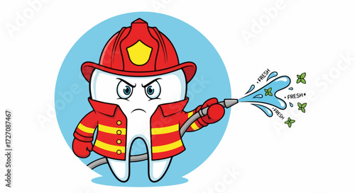 Cartoon tooth in red fireman uniform using a hose, cartoon tooth character wearing a fire fighter helmet, spraying water with fresh bubbles to protect teeth.