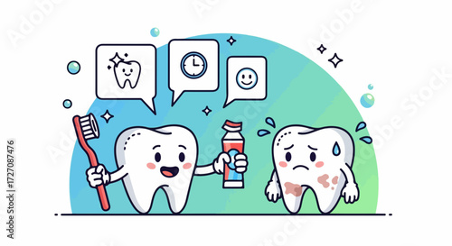 Cartoon teeth cleaning illustration, showing happy tooth offering toothpaste to sad, stained tooth, conveying message of oral hygiene.