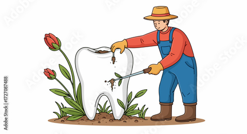 Dental health concept: Damaged tooth being cultivated with soil and leaves, showcasing dental health, surrounded by green plants. Dental health symbolized with nature and farming.