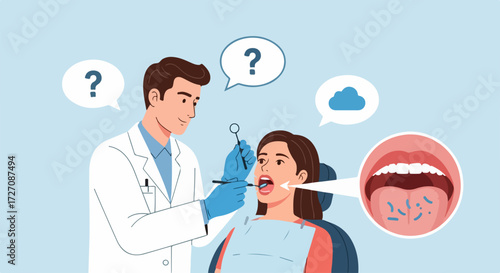 Dental checkup with patient under examination, dental checkup includes open mouth inspection with professional tools. Regular dental checkup is important to keep teeth and gums healthy,
