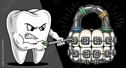 Cartoon orthodontics illustration on black shows tooth villain twisting metal braces. Cartoon orthodontics for a poster demonstrates incorrect position of teeth.