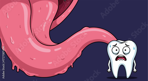 Cartoon tongue with a scared tooth, representing dental health concerns. Cartoon tongue chasing frightened tooth represents teeth protection. Concept about oral health. Cartoon tongue,