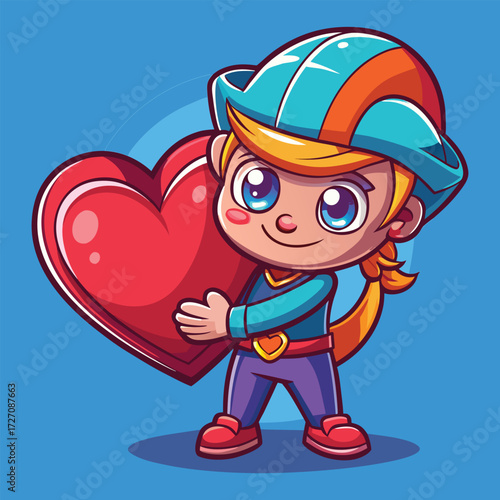 Adorable cartoon child dressed as a cowboy tenderly embraces a large, shiny red heart, representing love, kindness, and childhood innocence on a vibrant blue backdrop.