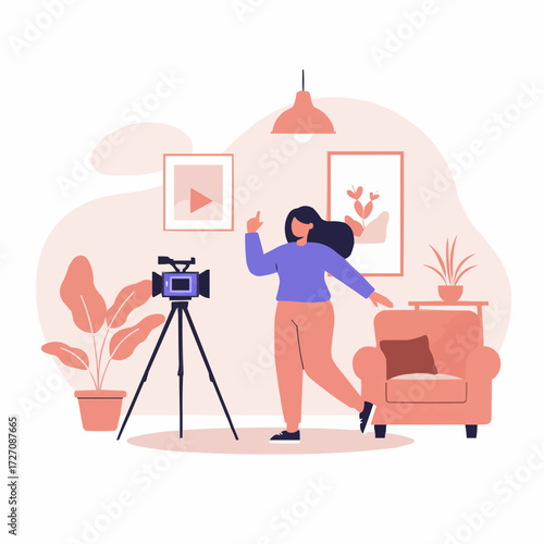Young woman speaking enthusiastically in living room with camera  