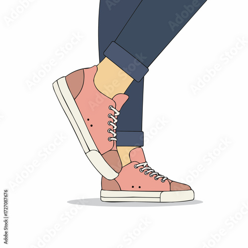 Stylish pink sneakers worn by a person stepping on white background  