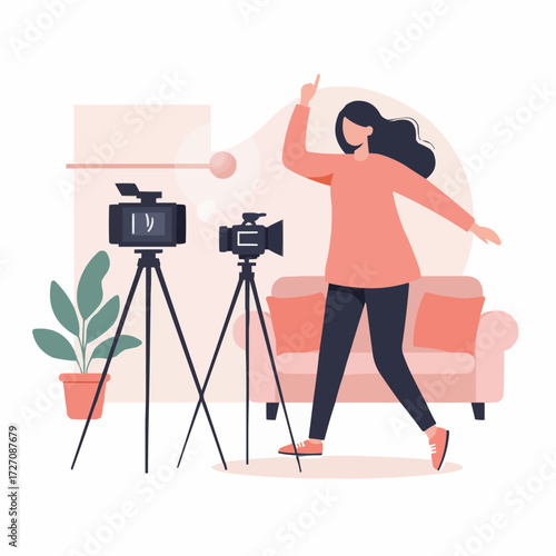 Woman dancing joyfully in living room with cameras on tripods  