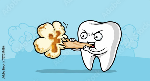 Annoyed tooth being attacked by popcorn stuck between its teeth. Stuck between teeth is an uncomfortable situation. This cartoon-style design illustrates a common dental problem,