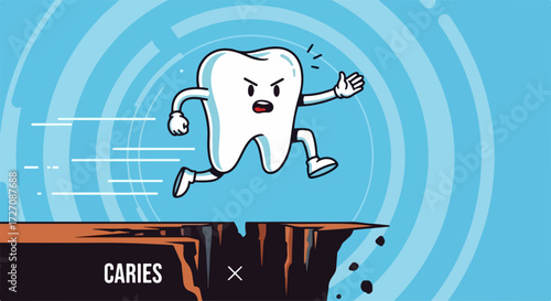 Caries illustration shows tooth running from danger, tooth decay, representing dental health concern. Caries illustration expresses urgent need for dental care and prevention of cavities.