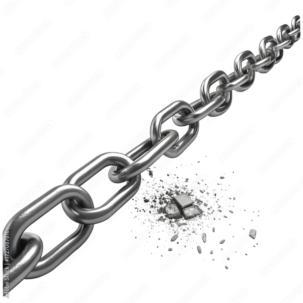 Fototapeta premium Broken Chain: Metal Link Fracture, Strength, Vulnerability, Connection, Disruption Concept on transparent background