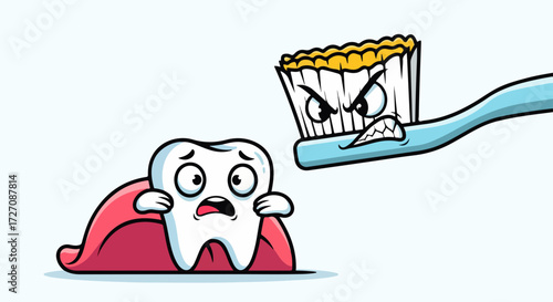 Frightened tooth with angry toothbrush on white backdrop, dental hygiene is imperative. Frightened tooth character cowering in cartoon fear as angry toothbrush looms.