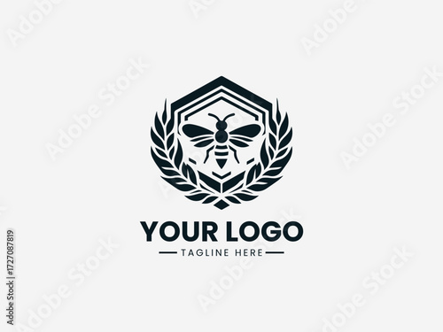 Elegant wheat stalks and honey bee inside hexagon vector logo for organic farm branding