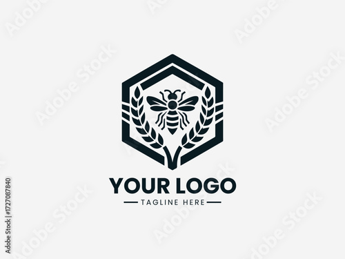Elegant wheat stalks and honey bee inside hexagon vector logo for organic farm branding