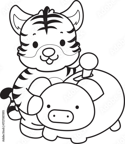 Coloring book of cute tiger character vector clip art for children.  