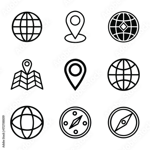 Collection of simple outline icons representing globes map pins and compasses for navigation and location services