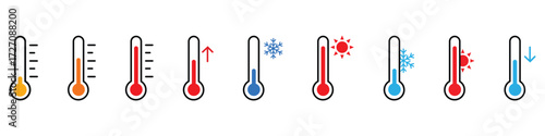 Thermometer, weather icon. Temperature Monitor Icon Set. Weather thermometer icon or sign. weather change, flat weather icon. Vector illustration.