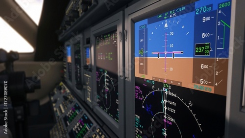 Photos Modern aircraft cockpit control panel with navigation system displaying flight r