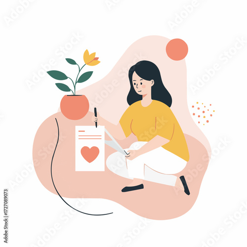 Young woman writing in notebook while sitting beside potted plant  