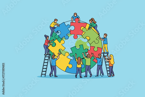 A group of diverse people collaboratively assembling a puzzle shaped like the Earth, symbolizing teamwork and global cooperation. Some use ladders to reach higher pieces.