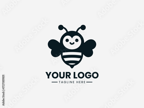 Cheerful smiling bee vector logo with happy face and welcoming wings for family business branding