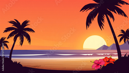 Vibrant tropical sunset over the ocean with palm trees
