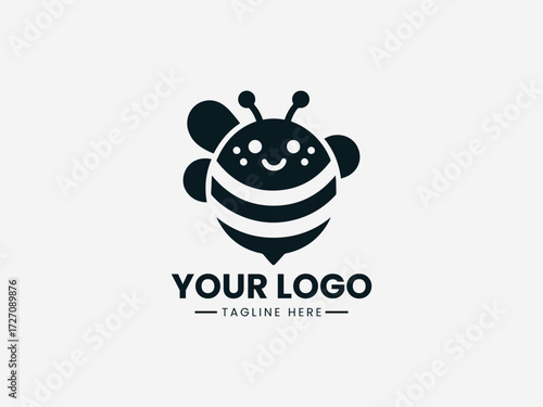 Cheerful smiling bee vector logo with happy face and welcoming wings for family business branding