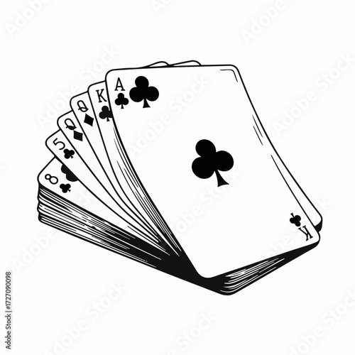 A fanned deck of playing cards showing clubs suit with ace, king, queen, five, and eight