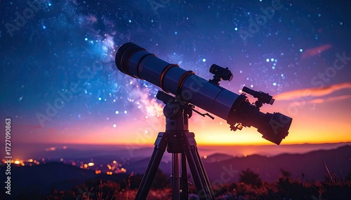 Pixelated Telescope Against a Starry Night Sky Over a Hillside at Dusk with a Colorful Horizon Glow