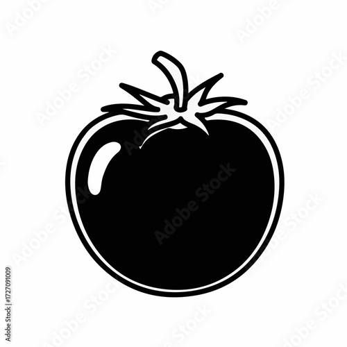 Bold black and white illustration of a ripe tomato with stem