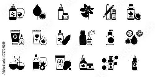 Organic, natural, vegan, cruelty free, collagen, anti age, antioxidant cosmetic editable stroke outline icons set isolated on white background flat vector illustration. Pixel perfect. 64 x 64.