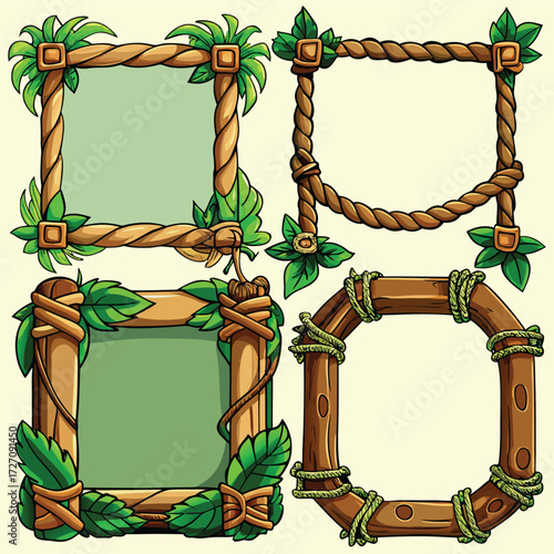 Four unique cartoon jungle frames offer vibrant tropical nature accents for creative designs and artwork