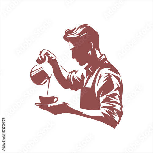 Silhouette illustration of barista pouring hot coffee into cup.