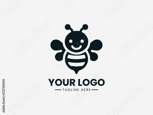 Cheerful smiling bee vector logo with happy face and welcoming wings for family business branding