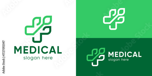 Creative simple medical logo template. Plus with leaf logo design vector illustration.