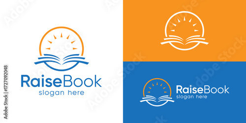 Creative simple raise book logo template. Open book with sun light logo design vector illustration.