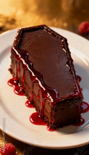 Coffin-shaped chocolate cake with red raspberry blood drip on a white plate for Halloween dessert