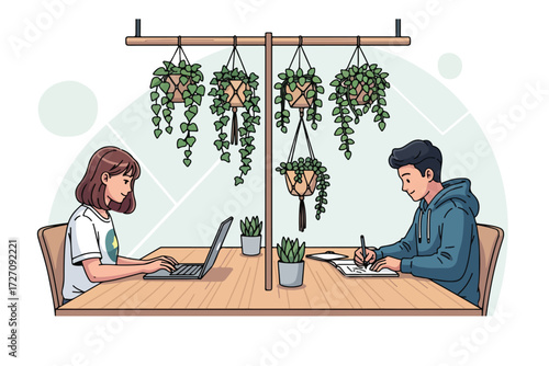 Two people working at a shared table in a bright, modern space, separated by hanging plants and a wooden divider. One person types on a laptop, while the oth...