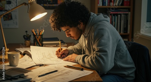 Studying young student home office document preparation cozy focused atmosphere learning process