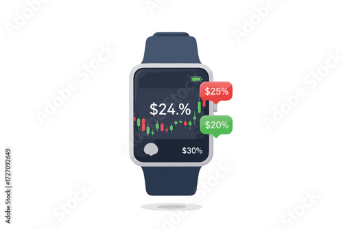 Smartwatch displaying financial data with percentage indicators, showing market fluctuations.