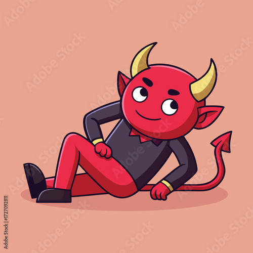 A charming and friendly cartoon devil with red skin, golden horns, and a playful expression. This character is depicted in a relaxed, seated pose, perfect for whimsical designs.