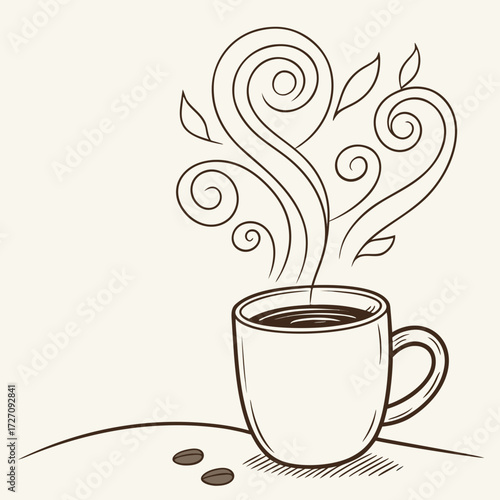 A charming hand drawn illustration of a steaming cup of coffee with decorative swirls and leaves rising from it accompanied by two coffee beans on a subtle ground