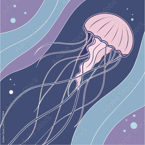 A delicate pink jellyfish drifts gracefully through deep blue ocean currents amidst abstract waves and bubbles in a serene underwater scene